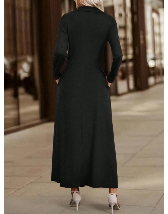 Kadın Uzun Kollu Yakalı önden Fermuarlı Uzun Viskon Iki Iplik Elbise