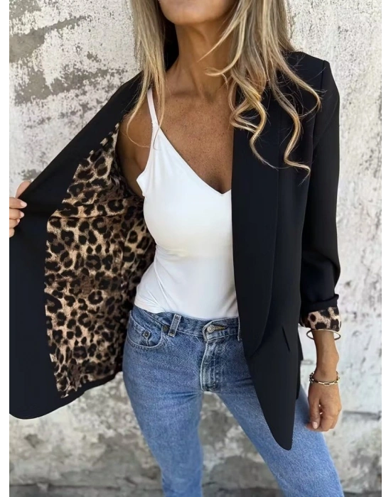 Kadın Uzun Kollu Yakalı önü Açık Leopar Desen Detaylı Astarlı Atlas Ceket
