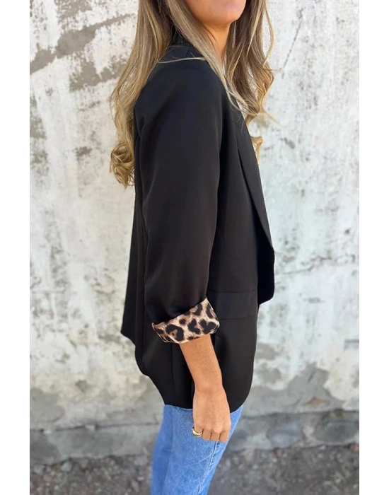 Kadın Uzun Kollu Yakalı önü Açık Leopar Desen Detaylı Astarlı Atlas Ceket