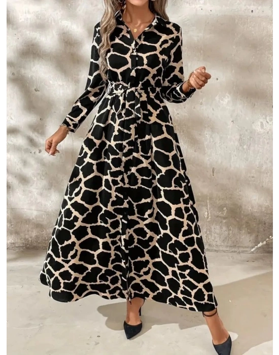 Kadın Uzun Kollu Yakalı önü Düğmeli Desenli Belden Kuşaklı Uzun Süprem Elbise