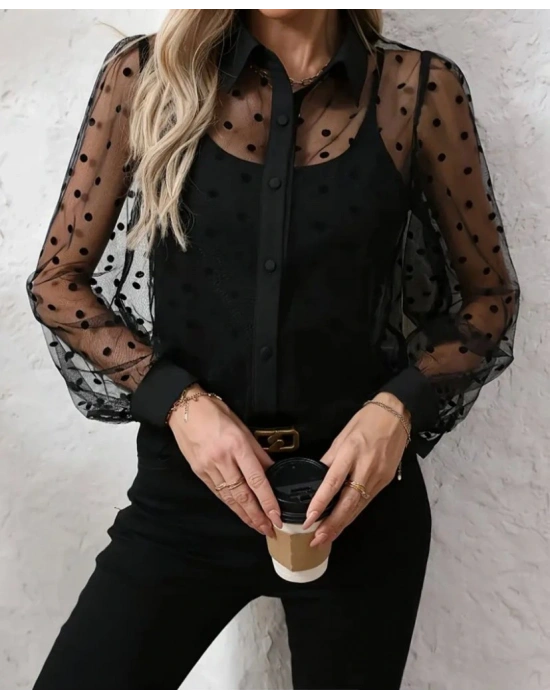 Kadın Uzun Kollu Yakalı şeffaf Tül Detaylı Ve Viskon Atlet Ikili Takım