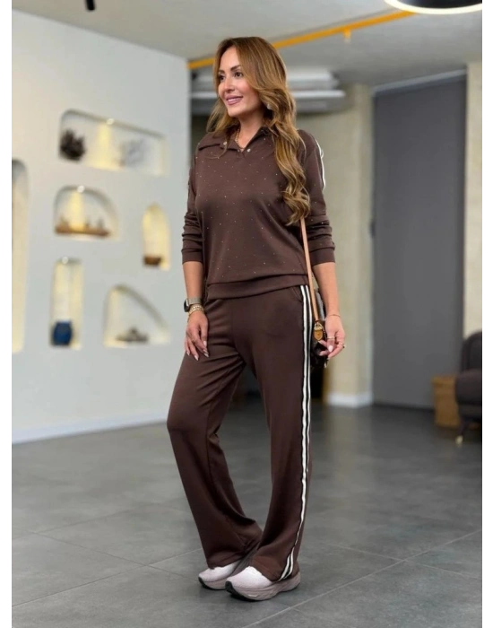 Kadın Uzun Kollu Yakalı şerit Detaylı Viskon Iki Iplik Bluz Ve Pantolon Ikili Takım