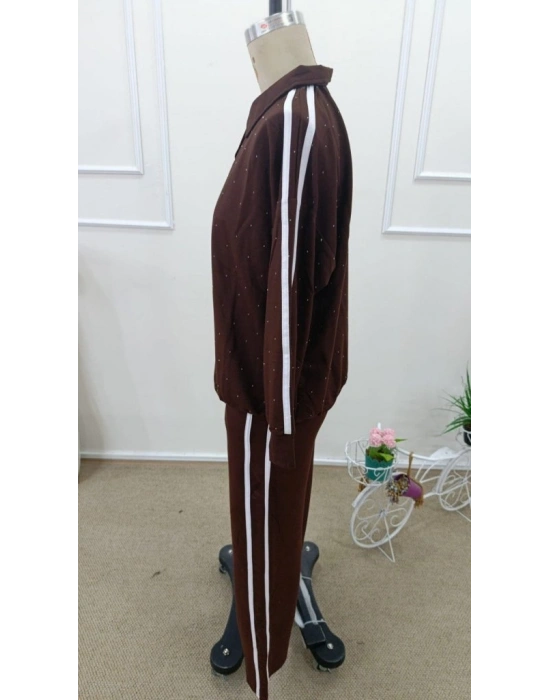 Kadın Uzun Kollu Yakalı şerit Detaylı Viskon Iki Iplik Bluz Ve Pantolon Ikili Takım