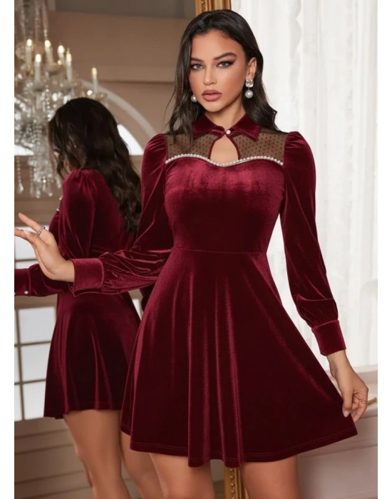 Kadın Uzun Kollu Yakalı Tül Detaylı Incili Mini Kadife Elbise