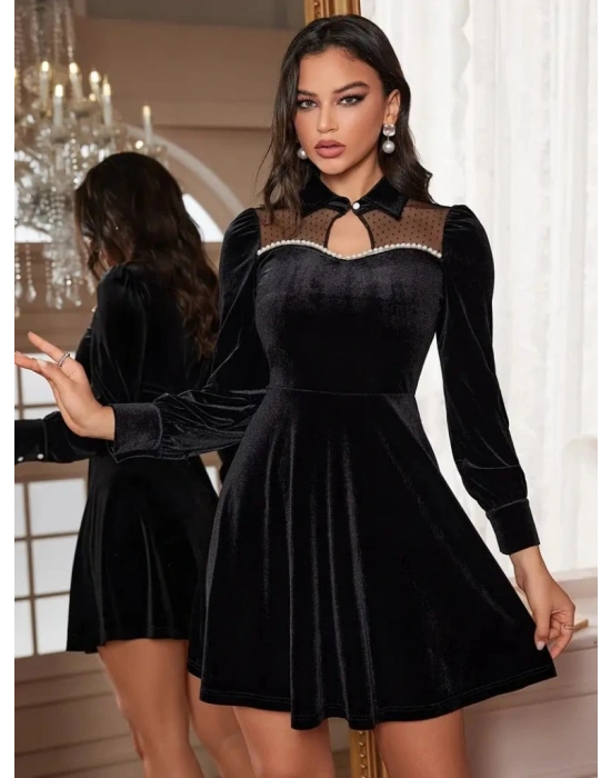 Kadın Uzun Kollu Yakalı Tül Detaylı Incili Mini Kadife Elbise