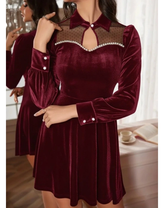 Kadın Uzun Kollu Yakalı Tül Detaylı Incili Mini Kadife Elbise