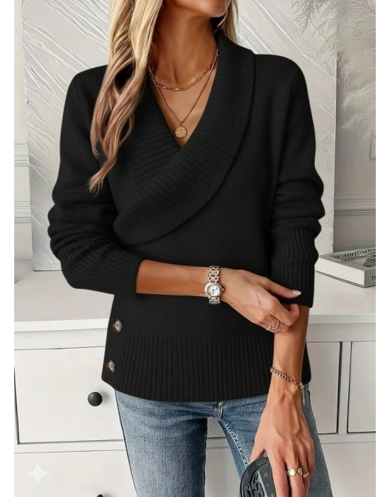 Kadın Uzun Kollu Yakalı Yandan Düğmeli Triko Bluz