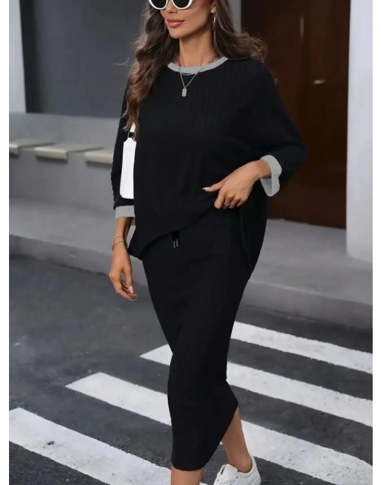 Kadın Uzun Kollu Yakası Açık şardonlu Kaşkorse Bluz Ve Eteği Bağcıklı Ikili Takım