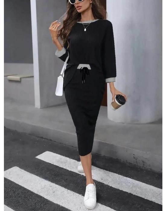 Kadın Uzun Kollu Yakası Açık şardonlu Kaşkorse Bluz Ve Eteği Bağcıklı Ikili Takım