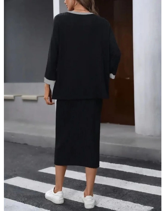 Kadın Uzun Kollu Yakası Açık şardonlu Kaşkorse Bluz Ve Eteği Bağcıklı Ikili Takım