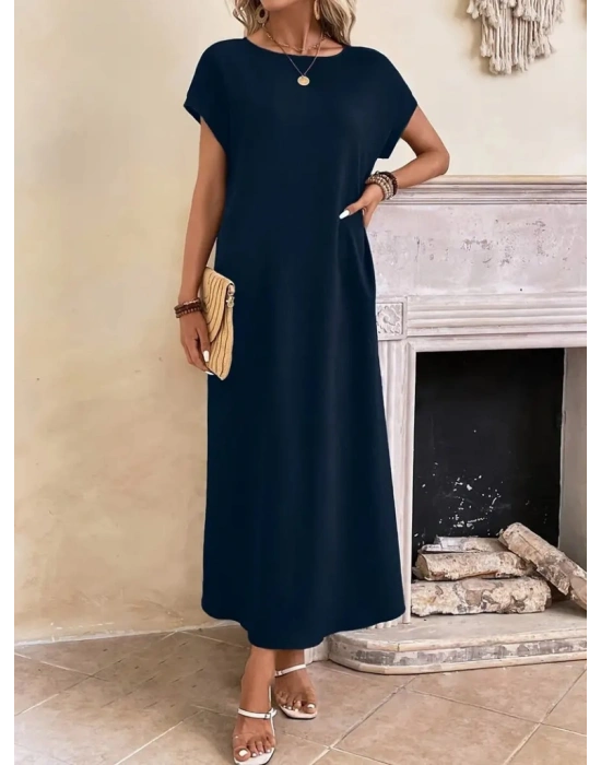 Kadın Uzun Kollu Yakası Açık Viskon Elbise