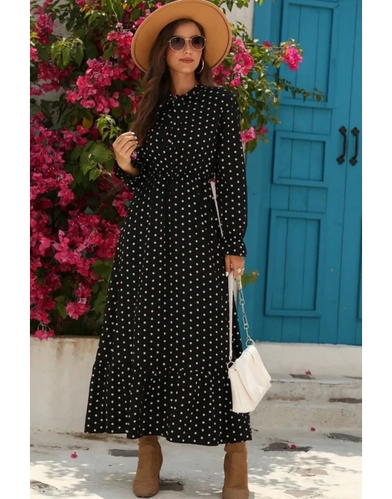 Kadın Uzun Kollu Yakası Bağcıklı Uzun Puantiyeli Krep Maxi Elbise