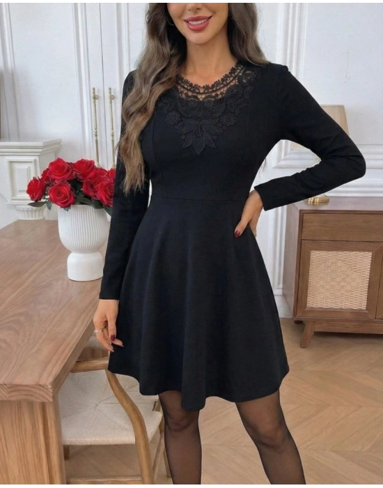 Kadın Uzun Kollu Yakası Dantelli Mini Ithal Krep Elbise