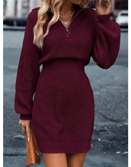 Kadın Uzun Kollu Yakası Fermuarlı Mini Triko Elbise