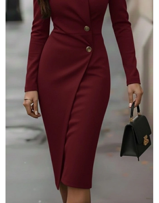 Kadın Uzun Kollu Yandan Düğmeli Kruvaze Yaka Detaylı Midi Ithal Krep Elbise