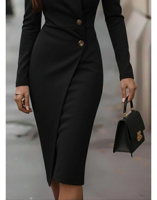 Kadın Uzun Kollu Yandan Düğmeli Kruvaze Yaka Detaylı Midi Ithal Krep Elbise