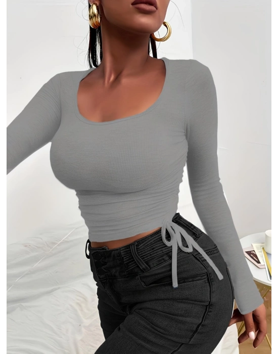 Kadın Uzun Kollu Yanlar Büzgü Detay Kaşkorse Crop