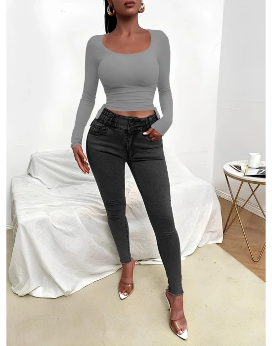 Kadın Uzun Kollu Yanlar Büzgü Detay Kaşkorse Crop