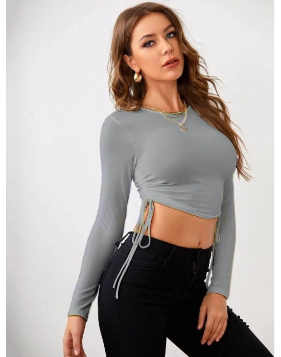 Kadın Uzun Kollu Yanlar Büzgü Detay Kaşkorse Crop