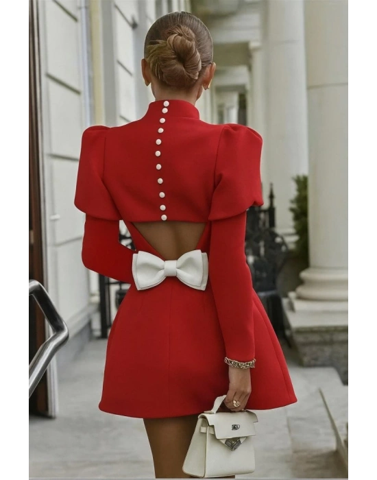 Kadın Uzun Kollu Yarı Balıkçı Yaka Arkadan Kurdela Detaylı Mini Atlas Elbise