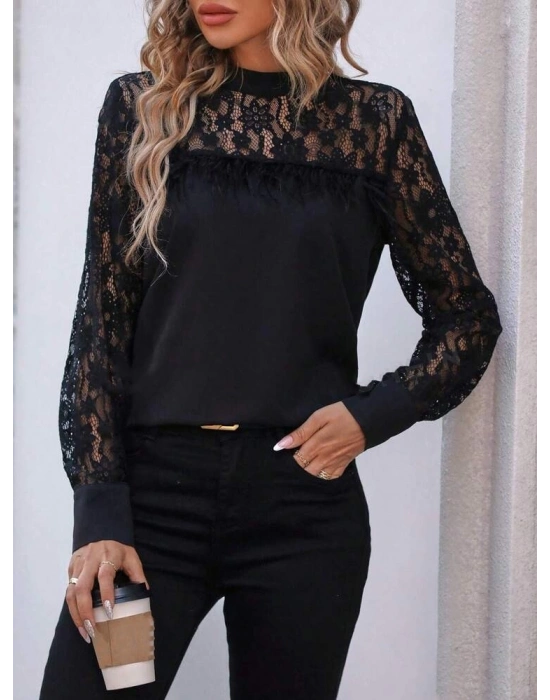 Kadın Uzun Kollu Yarı Balıkçı Yaka Dantelli Sandy Bluz