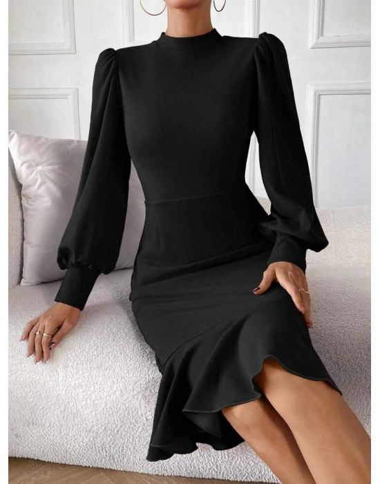 Kadın Uzun Kollu Yarı Balıkçı Yaka Etek Ucu Fırfır Detaylı Midi Ithal Krep Elbise