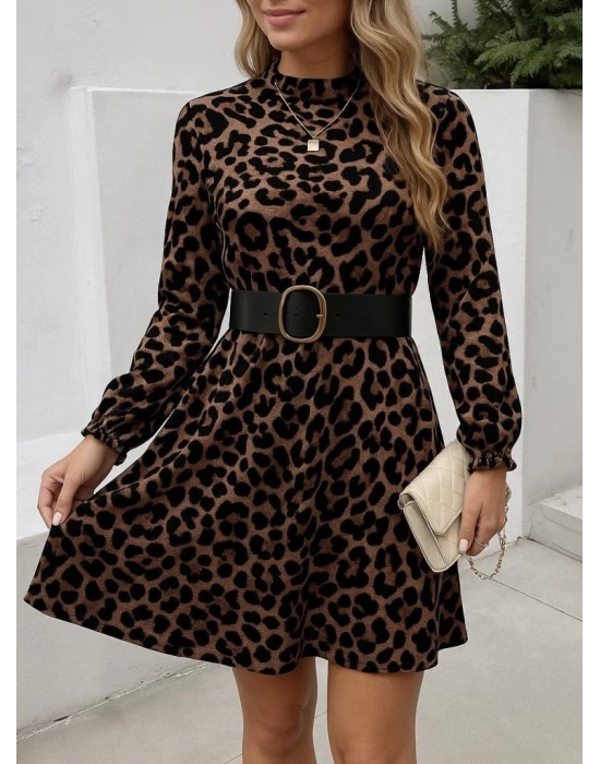 Kadın Uzun Kollu Yarı Balıkçı Yaka Leopar Desenli Kadife Elbise