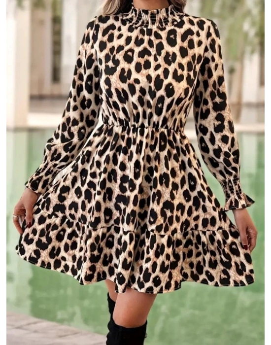 Kadın Uzun Kollu Yarı Balıkçı Yaka Leopar Desenli Modal Mini Elbise