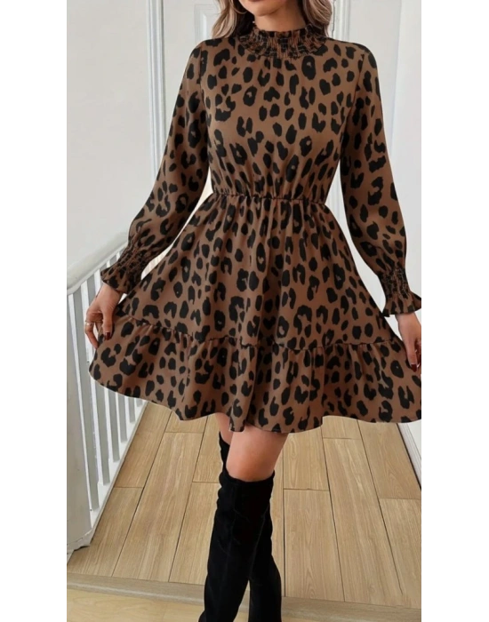 Kadın Uzun Kollu Yarı Balıkçı Yaka Leopar Desenli Modal Mini Elbise