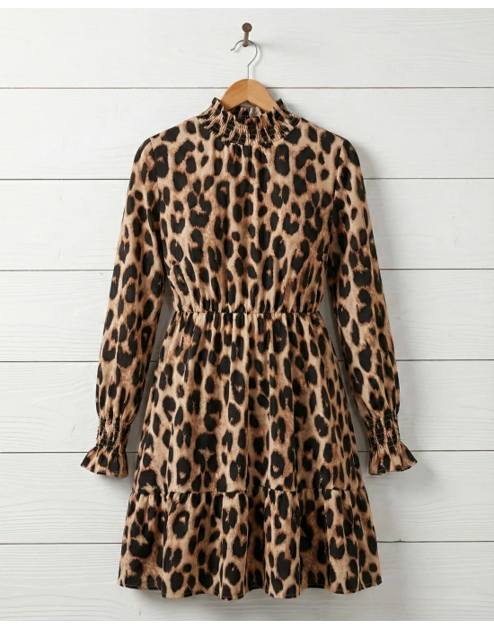 Kadın Uzun Kollu Yarı Balıkçı Yaka Leopar Desenli Modal Mini Elbise