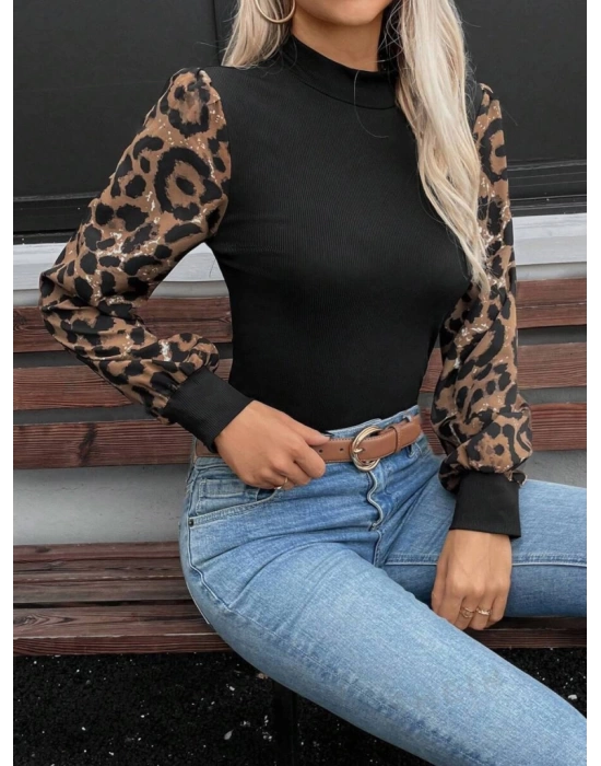 Kadın Uzun Kollu Yarı Balıkçı Yaka Leopar Detaylı Kaşkorse Bluz