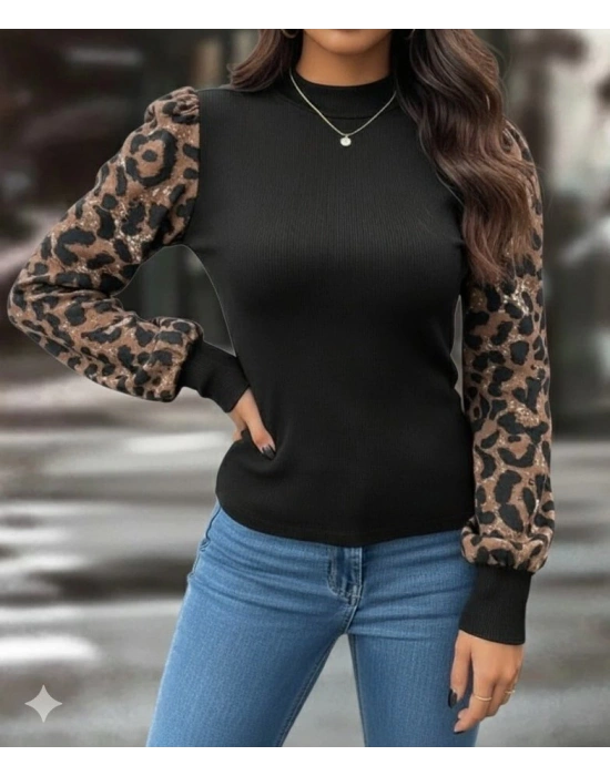 Kadın Uzun Kollu Yarı Balıkçı Yaka Leopar Detaylı Kaşkorse Bluz