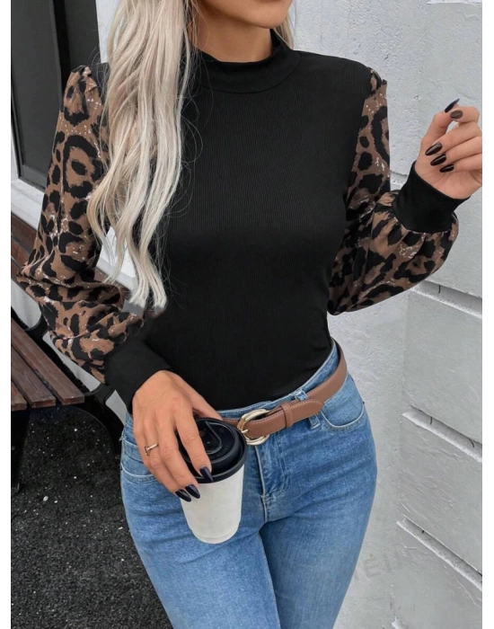 Kadın Uzun Kollu Yarı Balıkçı Yaka Leopar Detaylı Kaşkorse Bluz