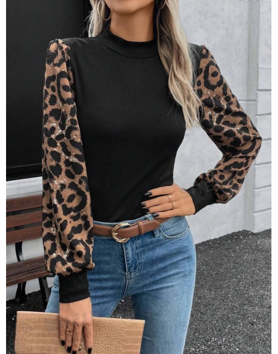 Kadın Uzun Kollu Yarı Balıkçı Yaka Leopar Detaylı Kaşkorse Bluz