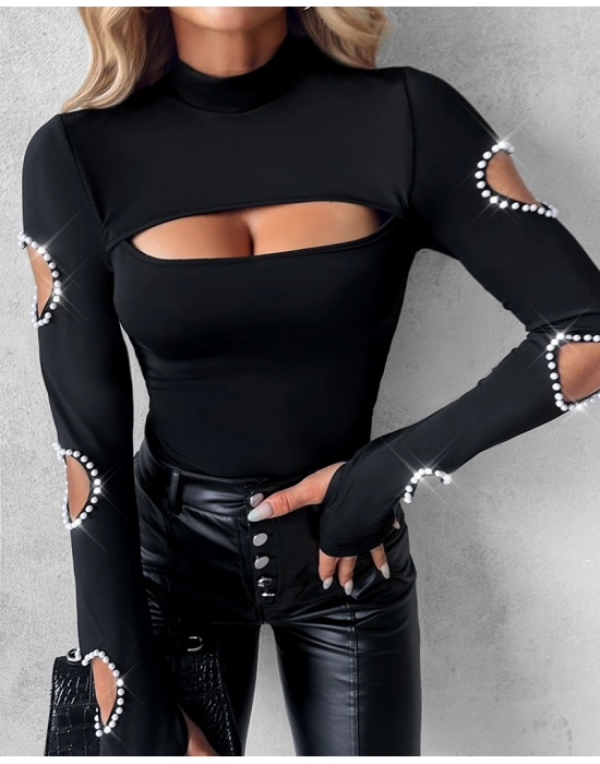 Kadın Uzun Kollu Yarı Balıkçı Yaka Pencere Detaylı Kolları Kalp Desen Taşlı Viskon Bluz