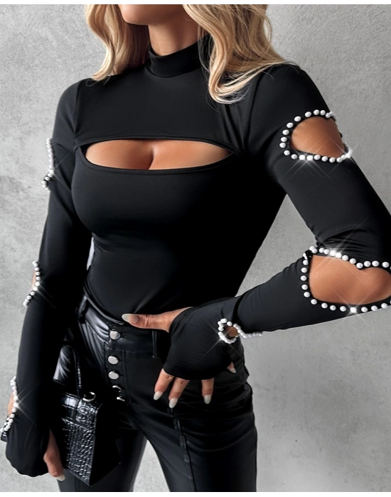 Kadın Uzun Kollu Yarı Balıkçı Yaka Pencere Detaylı Kolları Kalp Desen Taşlı Viskon Bluz