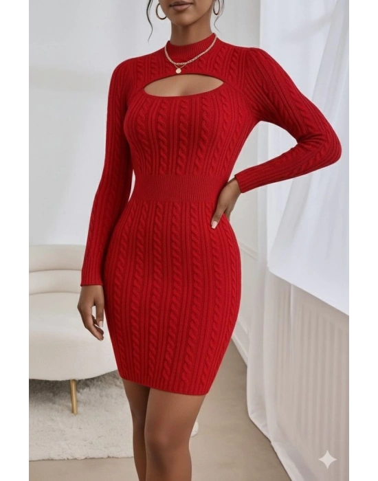 Kadın Uzun Kollu Yarı Balıkçı Yaka Pencere Göğüs Detay Mini Triko Elbise