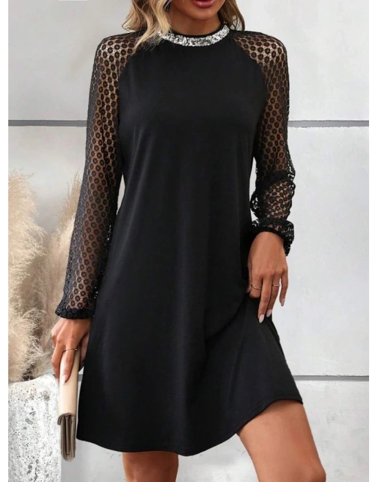 Kadın Uzun Kollu Yarı Balıkçı Yaka Pulpayetli Kolları Dantel Detaylı Mini Ithal Krep Elbise