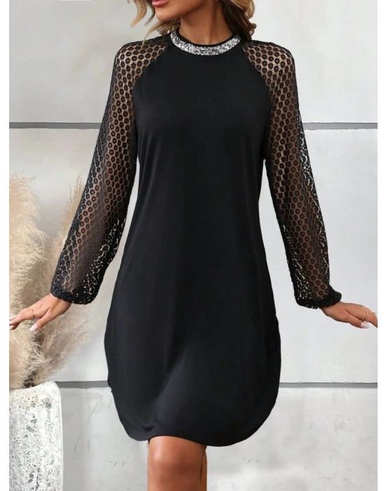 Kadın Uzun Kollu Yarı Balıkçı Yaka Pulpayetli Kolları Dantel Detaylı Mini Ithal Krep Elbise