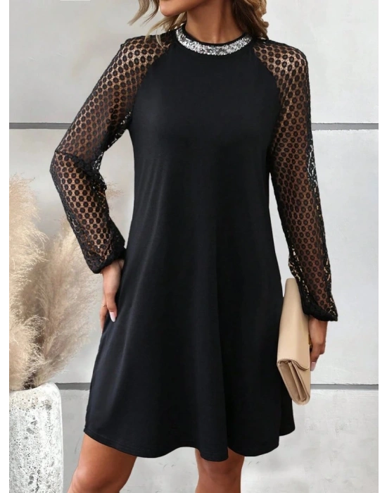 Kadın Uzun Kollu Yarı Balıkçı Yaka Pulpayetli Kolları Dantel Detaylı Mini Ithal Krep Elbise