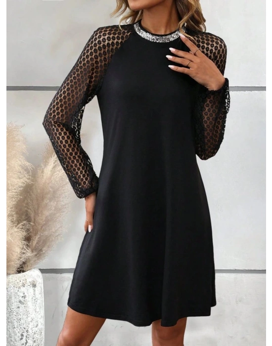 Kadın Uzun Kollu Yarı Balıkçı Yaka Pulpayetli Kolları Dantel Detaylı Mini Ithal Krep Elbise