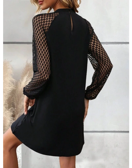 Kadın Uzun Kollu Yarı Balıkçı Yaka Pulpayetli Kolları Dantel Detaylı Mini Ithal Krep Elbise