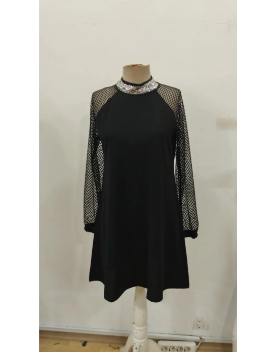 Kadın Uzun Kollu Yarı Balıkçı Yaka Pulpayetli Kolları Dantel Detaylı Mini Ithal Krep Elbise