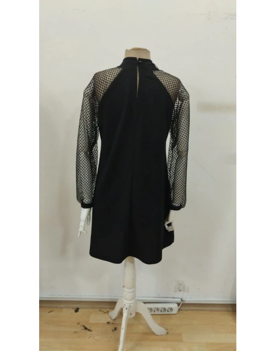 Kadın Uzun Kollu Yarı Balıkçı Yaka Pulpayetli Kolları Dantel Detaylı Mini Ithal Krep Elbise