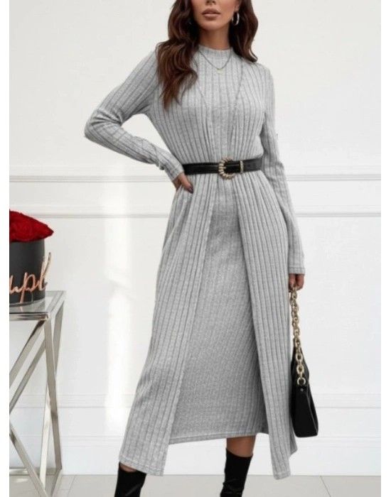 Kadın Uzun Kollu Yarı Balıkçı Yaka şardonlu Kaşkorse Elbise Ve Uzun Hırka Ikili Takım