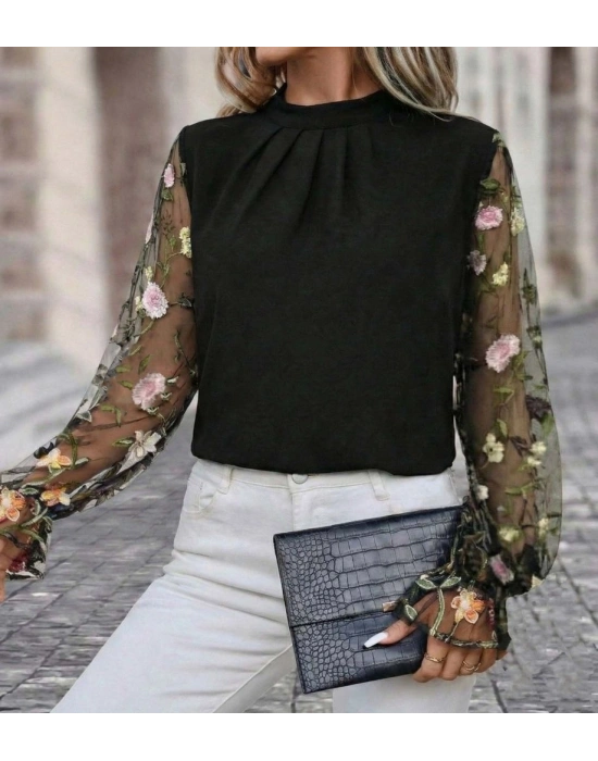 Kadın Uzun Kollu Yarı Balıkçı Yaka Tül Detaylı Ithal Krep Bluz