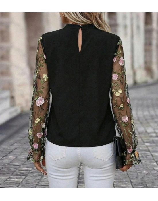 Kadın Uzun Kollu Yarı Balıkçı Yaka Tül Detaylı Ithal Krep Bluz