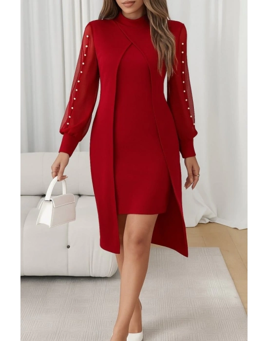 Kadın Uzun Kollu Yarı Balıkçı Yaka Tül Ve Inci Detaylı Kısa Ithal Krep Midi Elbise
