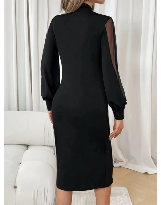 Kadın Uzun Kollu Yarı Balıkçı Yaka Tül Ve Inci Detaylı Kısa Ithal Krep Midi Elbise