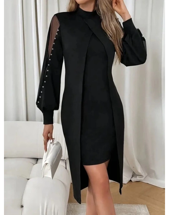 Kadın Uzun Kollu Yarı Balıkçı Yaka Tül Ve Inci Detaylı Kısa Ithal Krep Midi Elbise